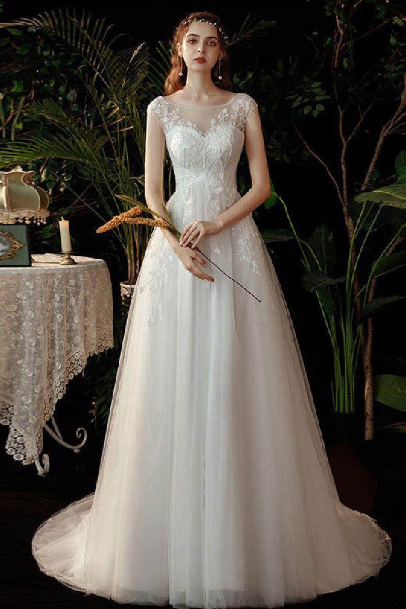A-Line Sweep-Brush Train Lace Tulle Wedding Dress 639357461992 - COCOMELODY